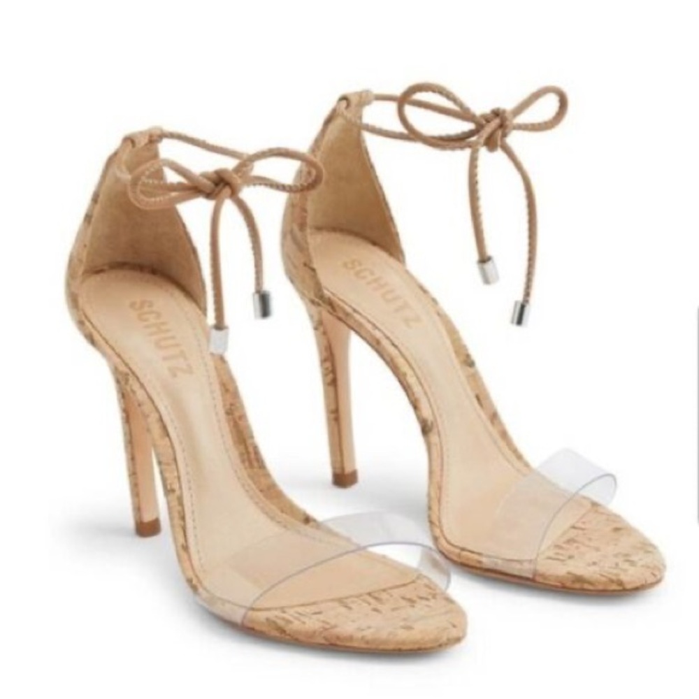 SCHUTZ Nude Cork Clear Strap Lace-Up Heels